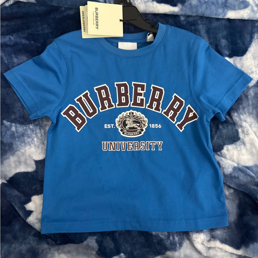 Burberry Blue Short Sleeve Tee with Collegiate Style